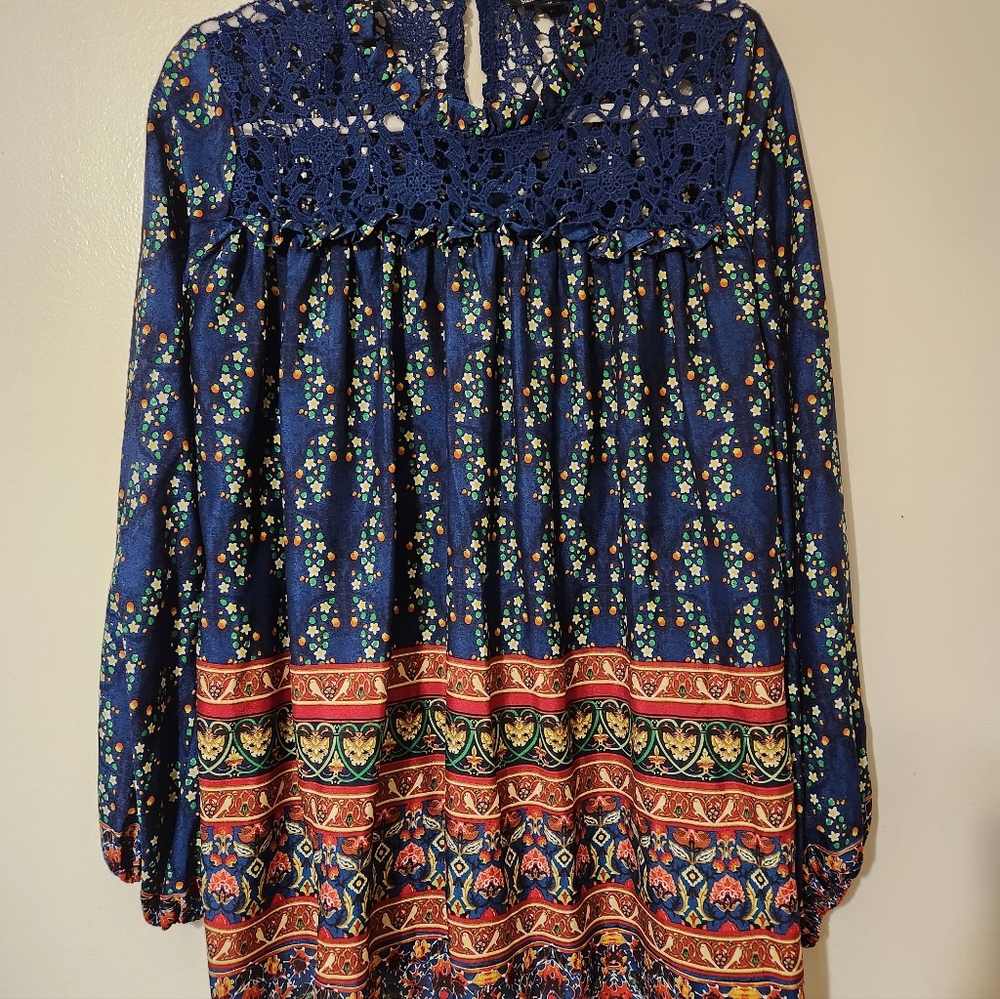 Women’s Boho Floral Peasant Blouse Lace Yoke Navy Blue Long Sleeve Tunic Medium